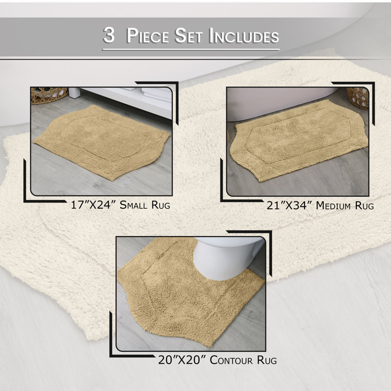 Morissette Waterford 100% Cotton Bath Rug Set, 3 Piece Set with Contour Mat, Spray Latex Backing, Soft Absorbent Bathroom Rugs, Machine Washable