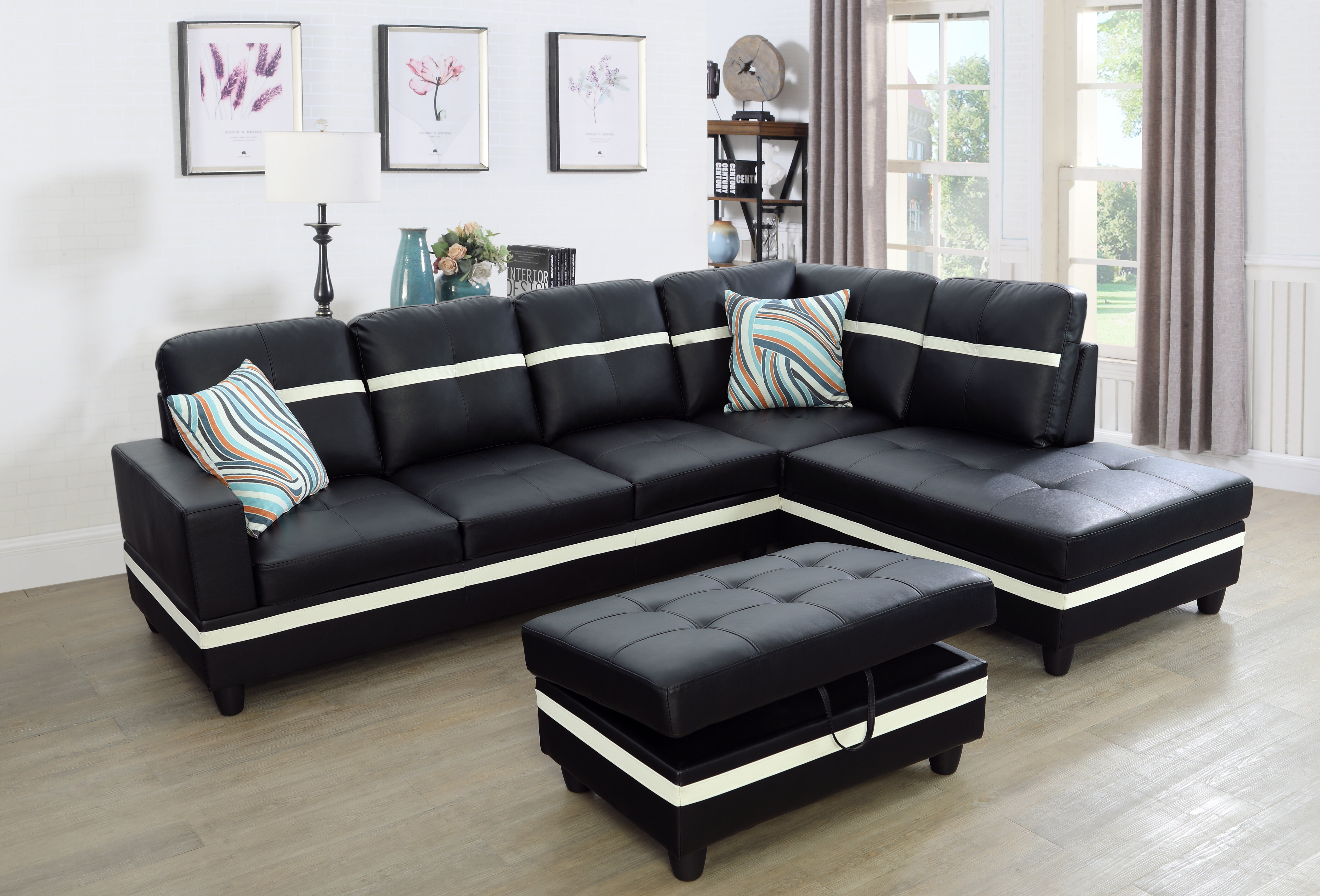 Wilhelmine 103.5″ Wide Faux Leather Sofa & Chaise with Ottoman