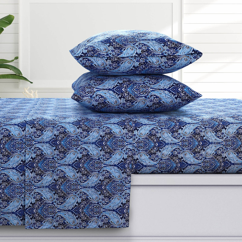 Blue Floral Cotton Flannel Queen Sheet Set with Deep Pockets