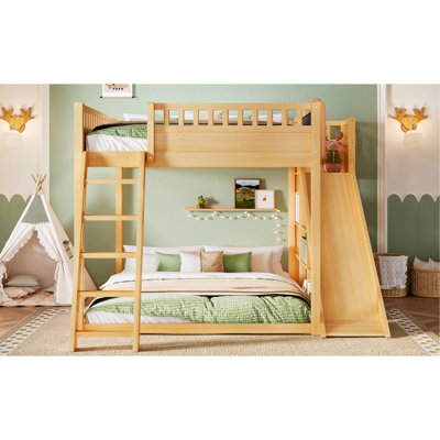 Queen Size Loft Bed with upholstered headboard and storage shelves, complete with ladder and slide, Natural