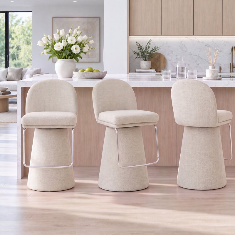 Everly Swivel Upholstered Counter Stool with Solid Wood Frame, Blanc