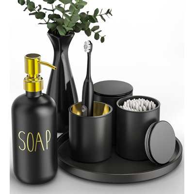 Ensemble d'accessoires de salle de bain avec plateau, ensembles d'accessoires de salle de bain noir mat 6 pièces, distributeur de savon en verre et porte-brosse à dents, support Qtip, vase à fleur en céramique, ensemble de décor de salle de bain