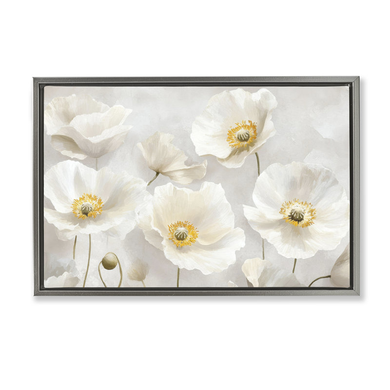 Élégant cadre flottant floral blanc, design par Petal Prints Design, H 21 po x l 31 po, Cadre flottant gris lustré