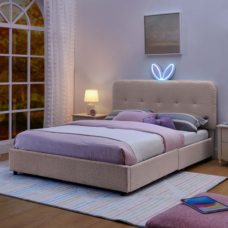 Lit tapissier pour enfants avec tête de lit surdimensionnée pour oreilles de lapin et éclairage DEL, Pink