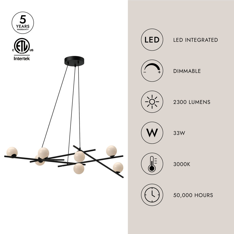 Amara 7 - Light Dimmable LED Sputnik Modern Linear Chandelier, Black/Glossy Opal