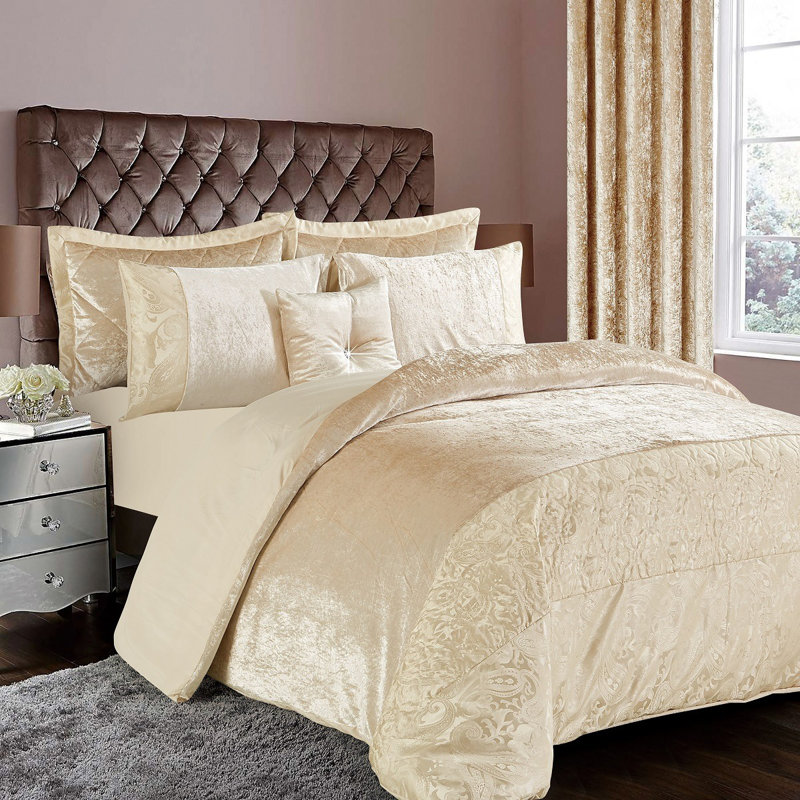 Santiago 3 Piece Crushed Velvet Duvet Cover Set Ultra Soft Luxurious and Easy Care Bedding, Beige