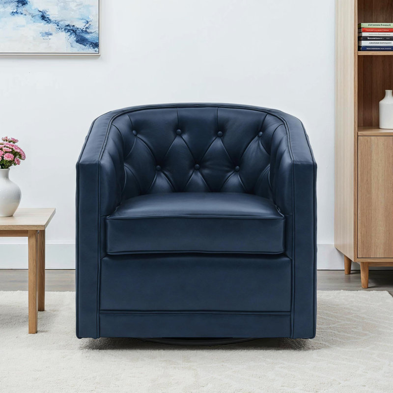 30" Tufted Top Grain Leather Swivel Barrel Chair, Blue