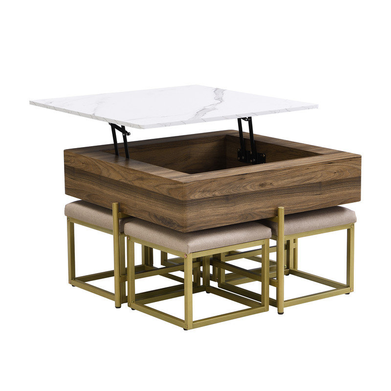 Ensemble de tables basses à plateau relevable moderne avec rangement et 4 repose-pieds blanc et noyer