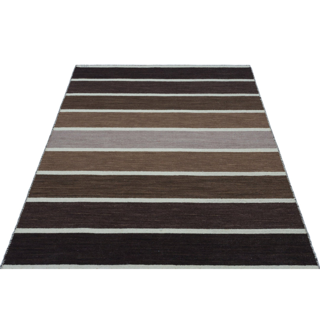 Girit Beige Striped Wool Handmade Area Rug