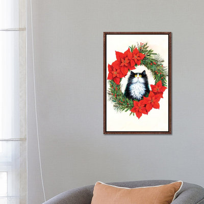 Black And White Cat In Poinsettia Wreath by Kim Haskins - Print on Canvas