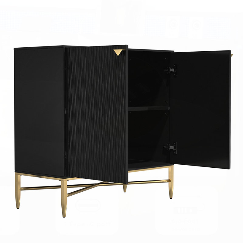 2 Door Accent Cabinet with Raised Wave Pattern and X-Shaped Metal Legs for Modern Storage