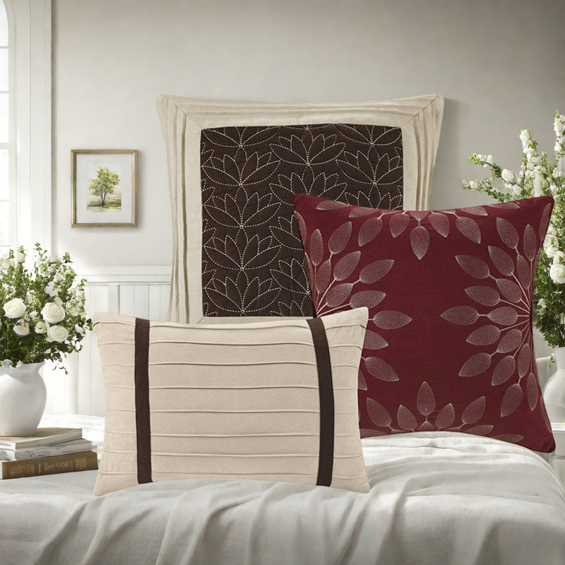 Ensemble de literie luxueux 7 pièces en faux suède, rouge, grand, design transitionnel