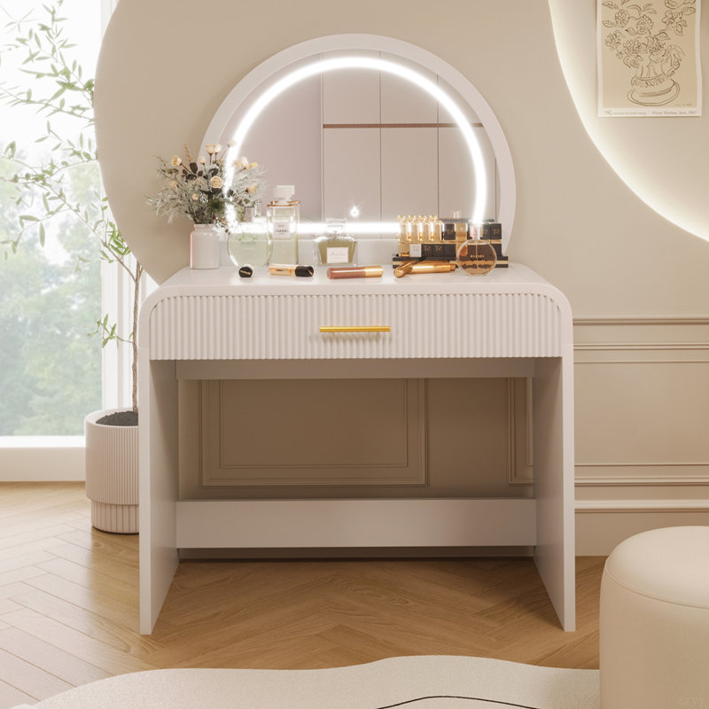 Table de coiffeuse 39 "avec miroir et miroir à écran tactile, coiffeuse avec tiroir pour chambre à coucher, Blanc