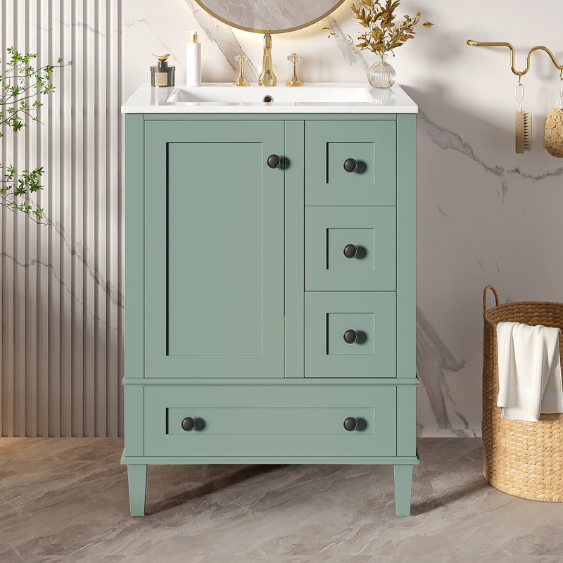 Meuble-lavabo vert clair de 24 po avec lavabo intégré en céramique, avec tablette à double couche, tiroirs à fermeture en douceur et porte d'armoire à fermeture en douceur