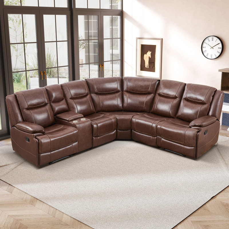 Cahill 6-Pieces Premium Genuine Leather Overstuffed Manual Reclining Sectional Sofa With Storage Console & Cup Holders