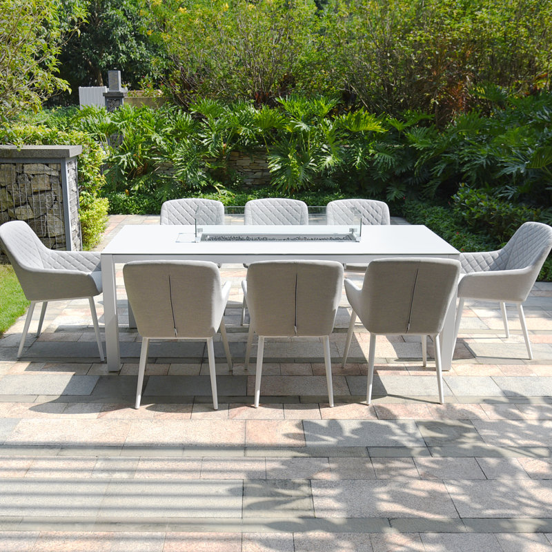 La Rena Outdoor Fabric 8 Seat Rectangular Dining Set - with Fire Pit Table - Lead Chine, White, White