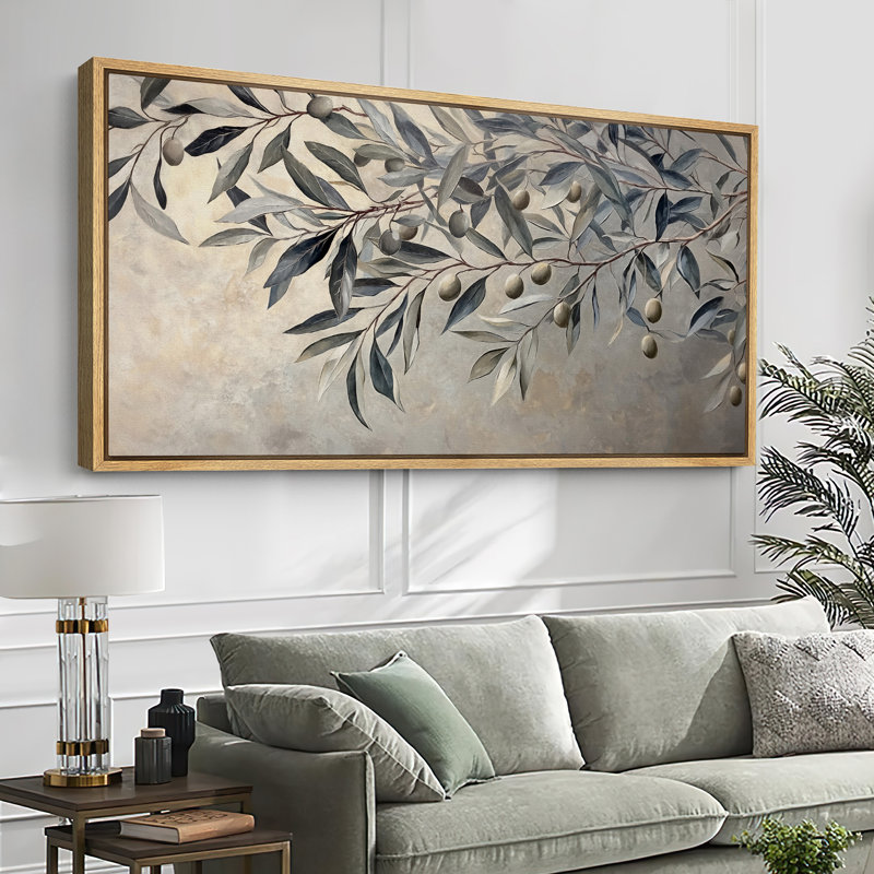 "Olive Branch", impression sur toile botanique encadrée, élégante nature neutre, Naturel, H 30 po x l 60 po