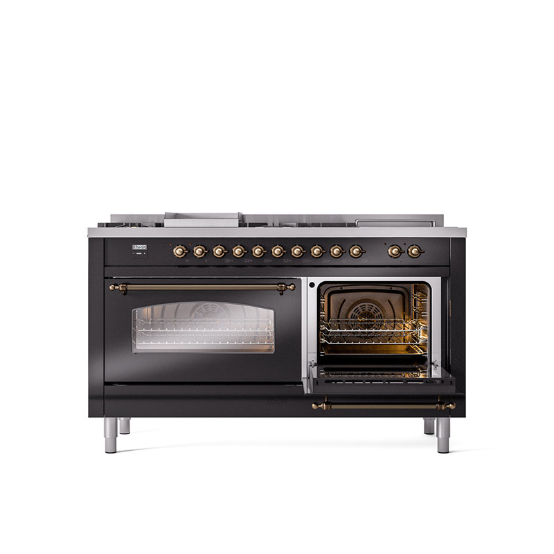 ILVE Nostalgie II 60 Dual Fuel Range, 5 Burners, Griddle, Frenchtop , Glossy Black/Bronze, Natural Gas