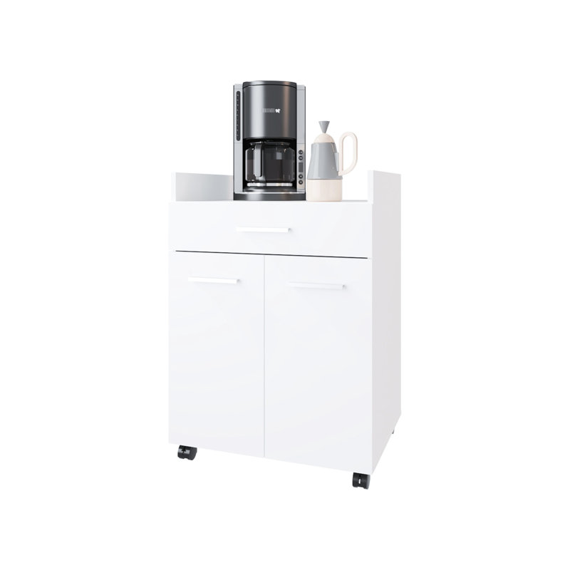 Chariot de cuisine en blanc avec deux portes et un tiroir, esthétique intemporelle pour la décoration, base de roulettes, matériau en panneau de particules, 32,89 de hauteur, 18,37 de largeur, 24,3 de profondeur