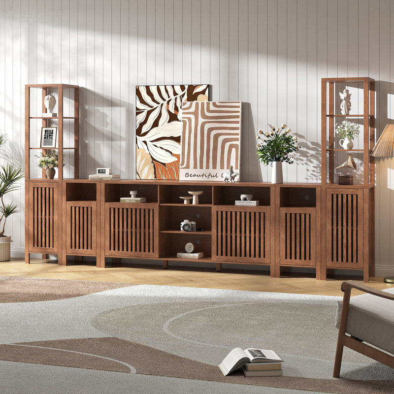Farmhouse Tv Stand For 100 Inch Tvs, Entertainment Center With Bookshelves - 6 Door Media Console With Adjustable Shelves, Storage Cabinet For Living Room Bedroom Home Theater, Rustic Brown
