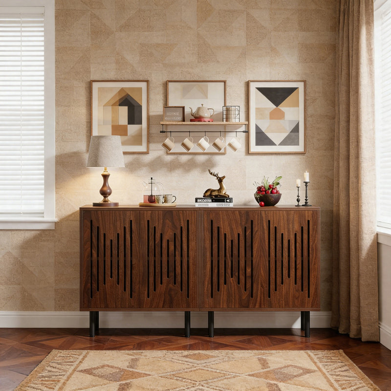 Sideboard Buffet Cabinet Set Of 2, Storage Cabinet With Adjustable Shelves & Doors, Walnut