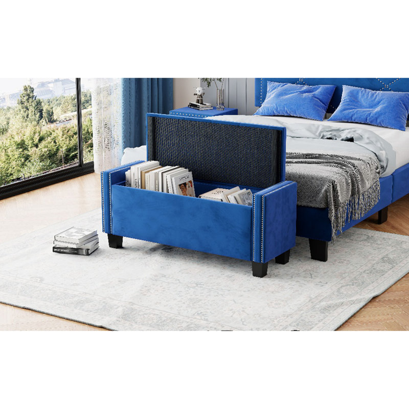 Upholstered Velvet Storage Ottoman Bench for Bedroom, End of Bed Bench with Rivet Design, Tufted Foot Rest Stool,Blue, Blue