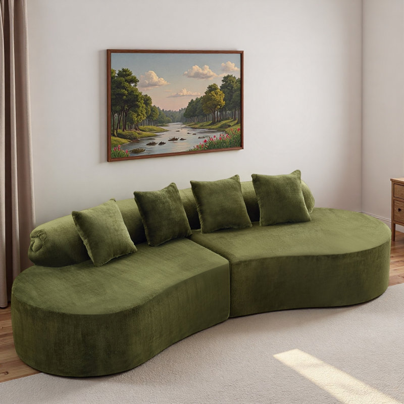 Canapé moelleux à haute densité avec conception modulaire courbée et coussins décoratifs doux, Vert