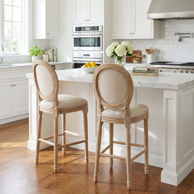 French Country Style Wooden Barstools with Upholstered Seating Set of Two