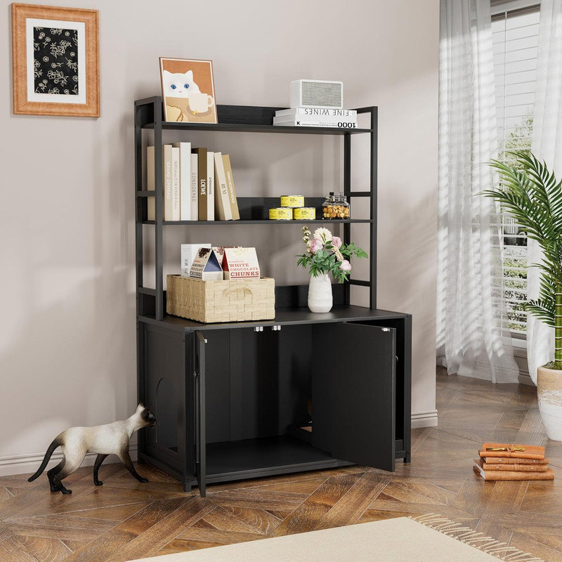 Enceinte cachée pour litière avec 2 tablettes de rangement et bloc-notes, bibliothèque pour chat noir, Noir