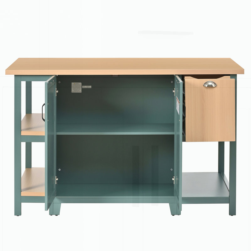 Îlot de cuisine, table de préparation en bois avec tiroirs de rangement, armoires et étagères ouvertes, Vert