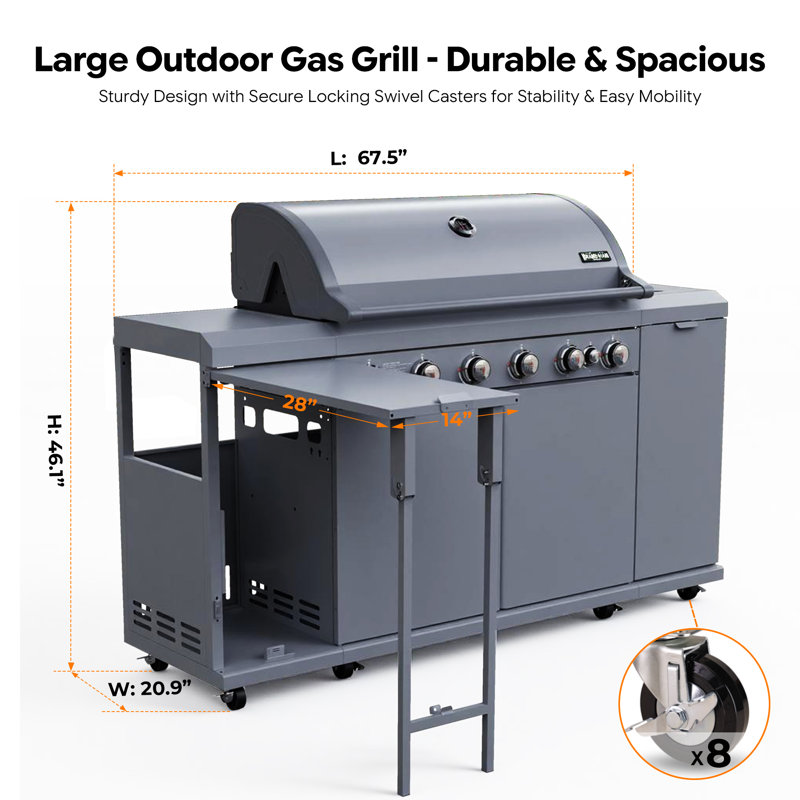 Îlot de cuisine au gaz pour barbecue à 6 brûleurs Brand-Man, convertible GPL / NG, avec brûleur latéral, table pliante et armoires de rangement, 72 000 BTU