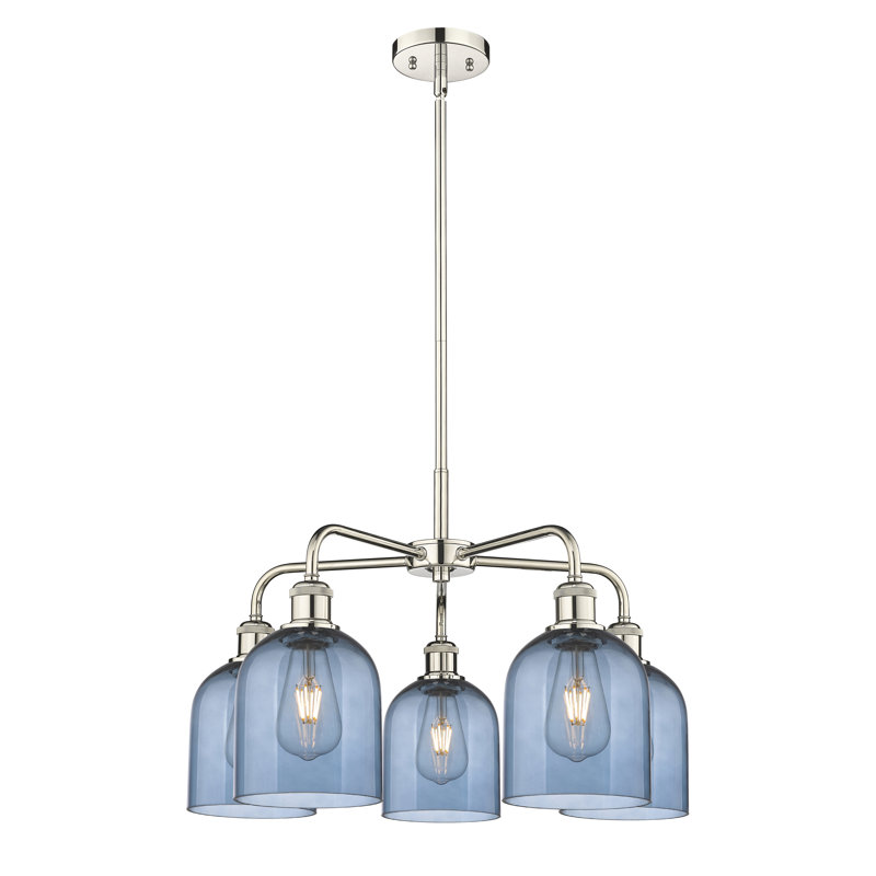 Lustre en forme de cloche à intensité variable en acier à 5 lumières Odaniel, Bleu princesse, Nickel poli