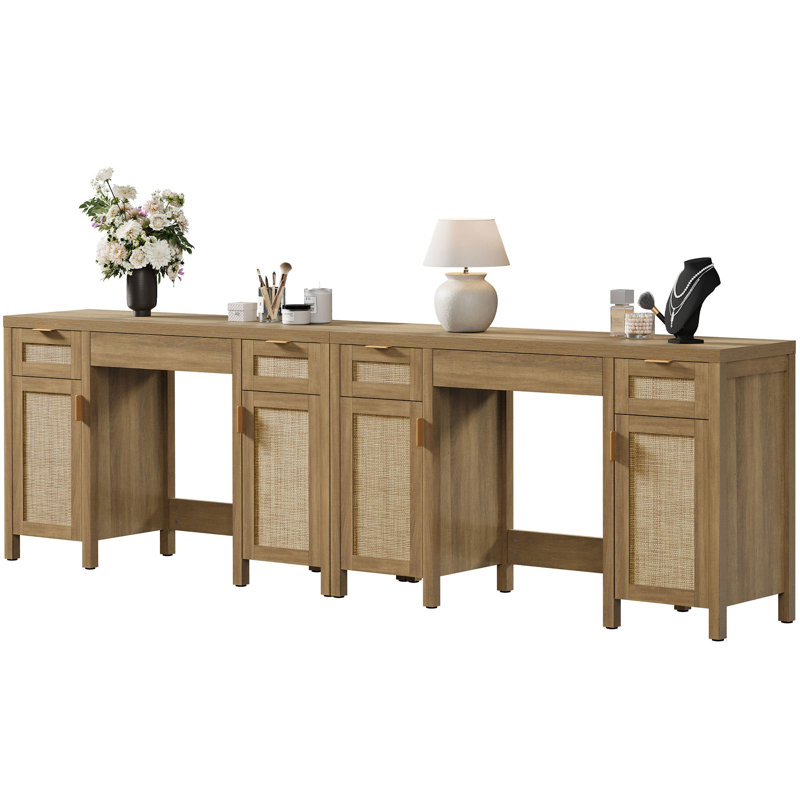 Bohemian Rattan 3-Drawer And 2-Cabinet Makeup Vanity Desk With Adjustable Shelves, Natural Oak