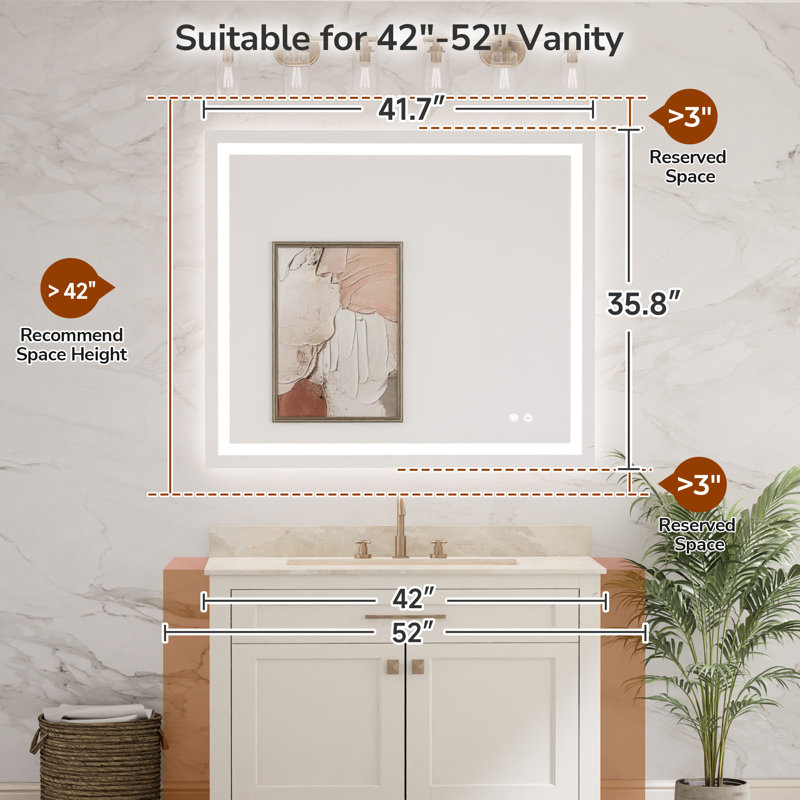 Miroir de meuble-lavabo à fixation murale avant et rétro-éclairé Cardier avec réglage en 3 couleurs, incassable, verre trempé