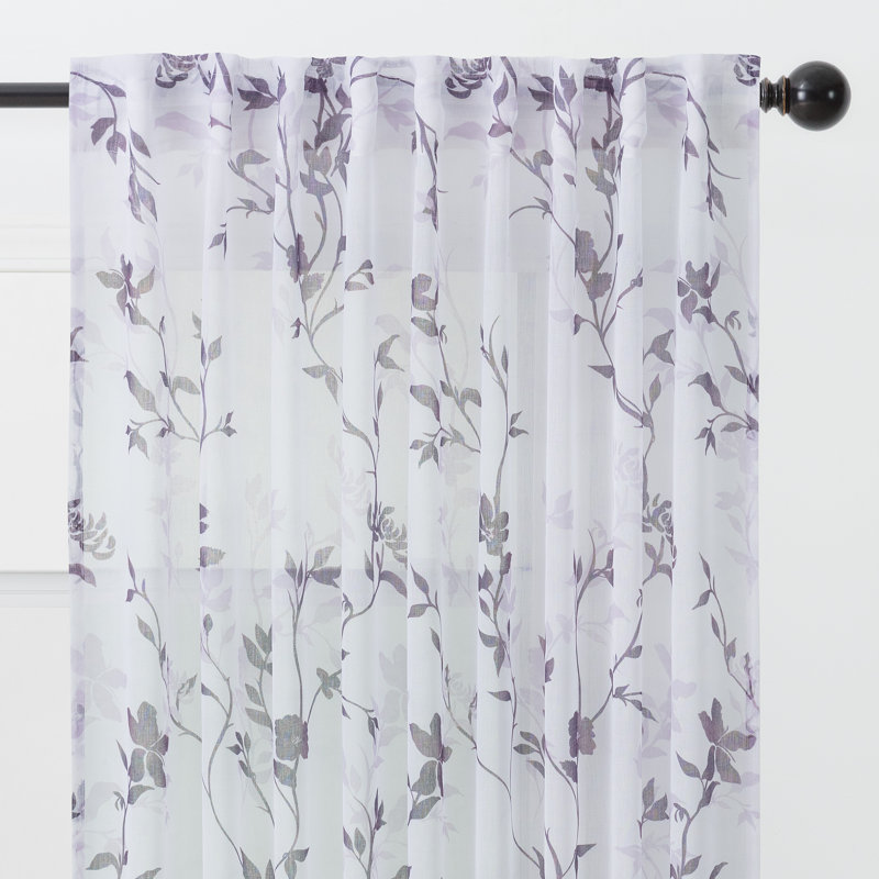 Keohane 2-Panel Floral Textured Sheer Curtain Panels 3-In-1 Back Tab, Rod Pocket, Ring Tab, Aubergine, 52" W x 96" L