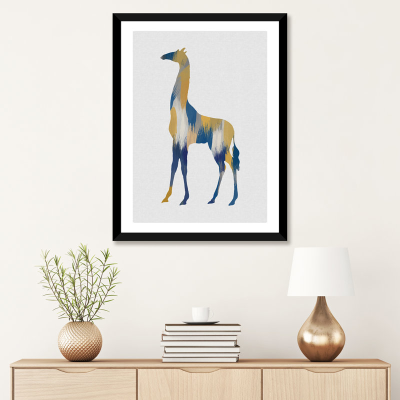 Girafe bleue et jaune - impression, H 32 po x l 24 po x P 1 po, Papier encadré noir