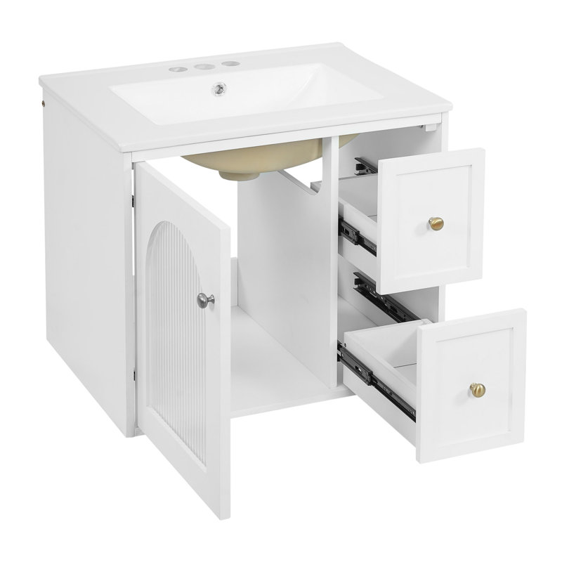 Ensemble de meuble-lavabo mural 24 po pour petit espace, armoire de salle de bain avec lavabo en céramique, 2 tiroirs et 1 porte à fermeture en douceur