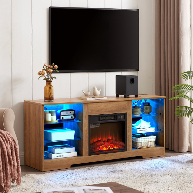 Console de foyer électrique pour téléviseur, grand espace de rangement, chêne, support 62 po, effet de flamme 3D, armoire moderne avec prises de courant d'une largeur de 58 po, luminosité et flamme réglables, compatible, finition chêne