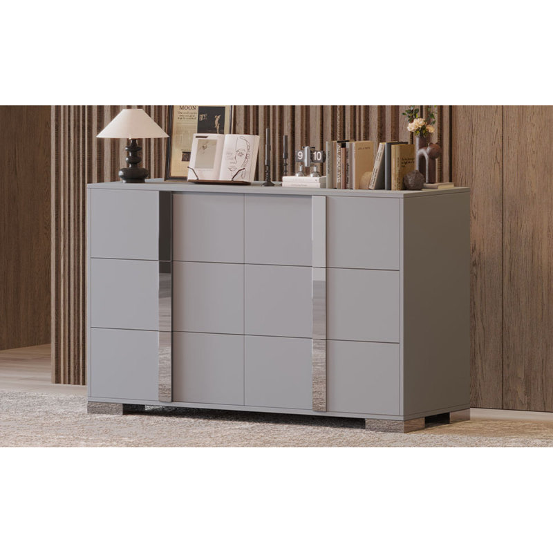 Commode 6 tiroirs avec armoire à miroir pour chambre à coucher, Gris