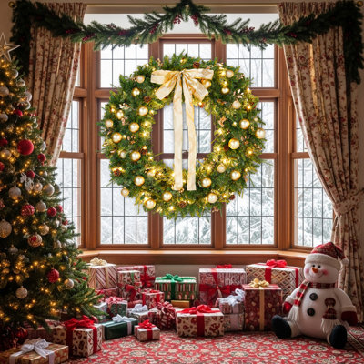 48in PE and PVC Christmas Wreath with Bow Pinecones and Warm Lights