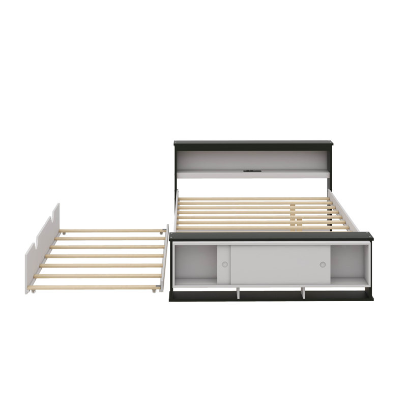 Lit plateforme double avec lit gigogne, Blanc / vert
