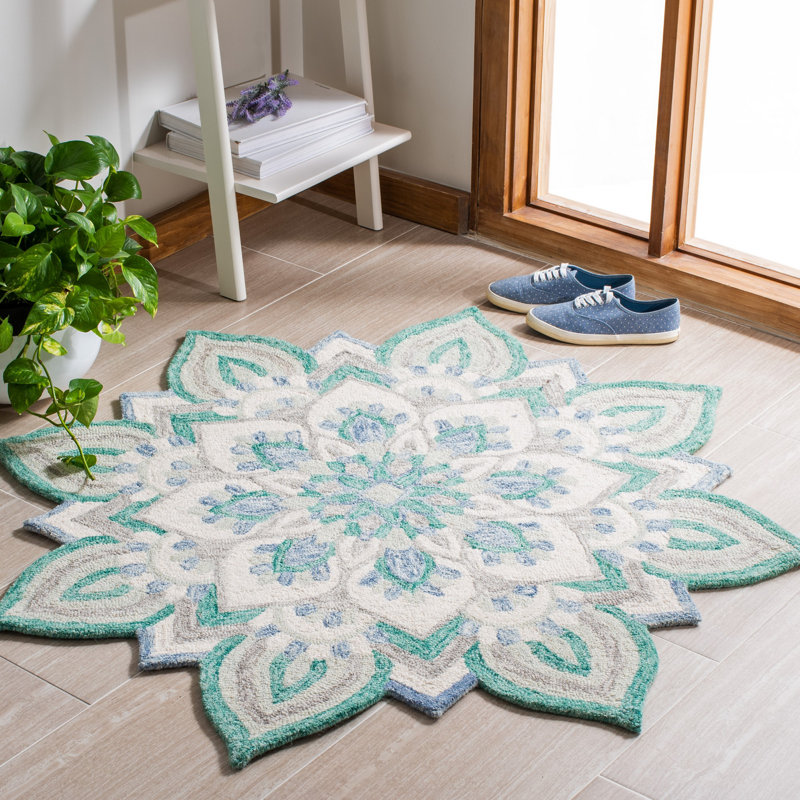 Thompson Novelty Hand Tufted Wool/Cotton Geometric Rug in Beige/Green, Round 4'