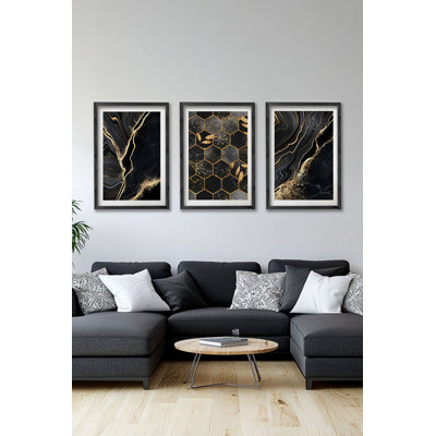 Ensemble de 3 panneaux décoratifs élégants en bois aggloméré, cadre en bois massif, 13,4 x 19,3 x 0,6 pouces | Œuvre d'art 100% MDF avec impression numérique | Parfait pour le salon, la chambre à coucher et le bureau, design élégant et moderne