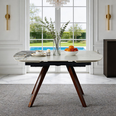 Table de salle à manger rétractable en pierre frittée avec base en bois de peuplier robuste et en métal - résistante à la chaleur et aux égratignures, 4 à 8 places, table de cuisine extensible