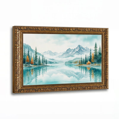 Tableau sur toile représentant un lac de montagne avec des pins et des couleurs d'automne