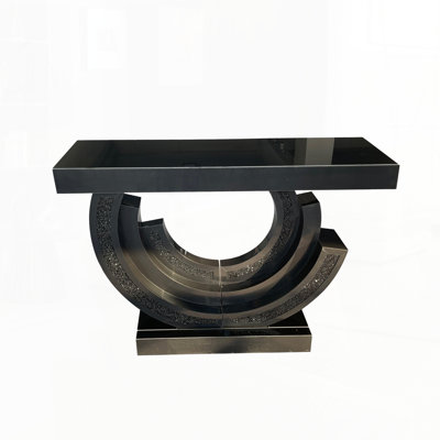 43in Luxury Glam Mirrored Console Table Crushed Diamond Inlay Entryway Table with Circular Base Modern Black Mirror Sofa Accent Table for Foyer Living Room Home Decor