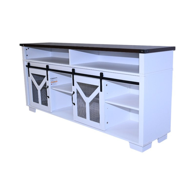 65.3" TV Stand With LED Light Strips And Iron Mesh Barn Door Y Decorative Strip Farmhouse, White/Walnut