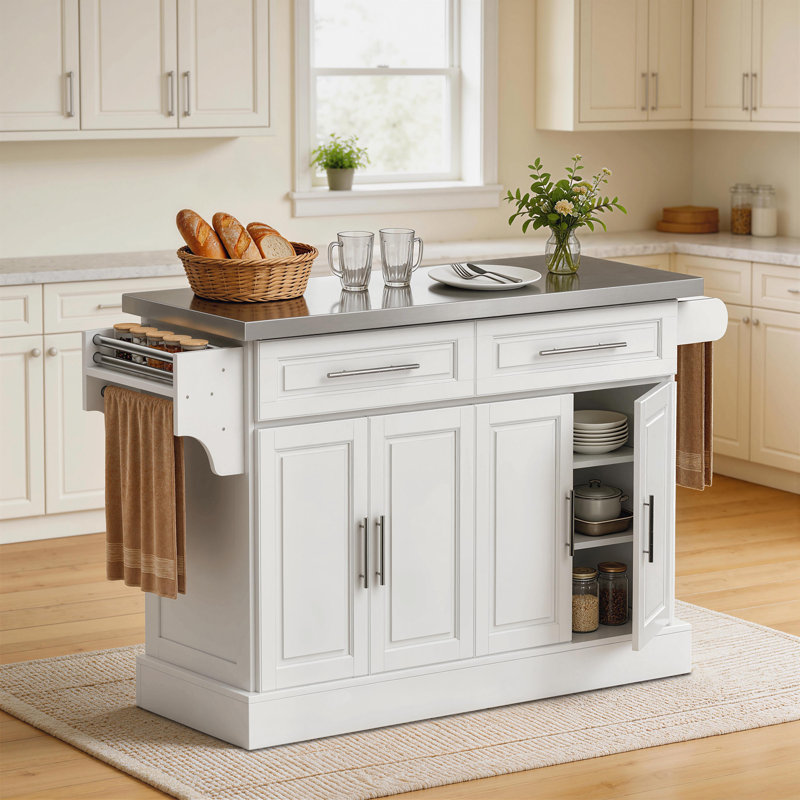 Rolling Kitchen Island With Storage, Portable Kitchen Cart With Stainless Steel Top, 2 Drawers, Spice, Knife And Towel Rack And Cabinets, Black