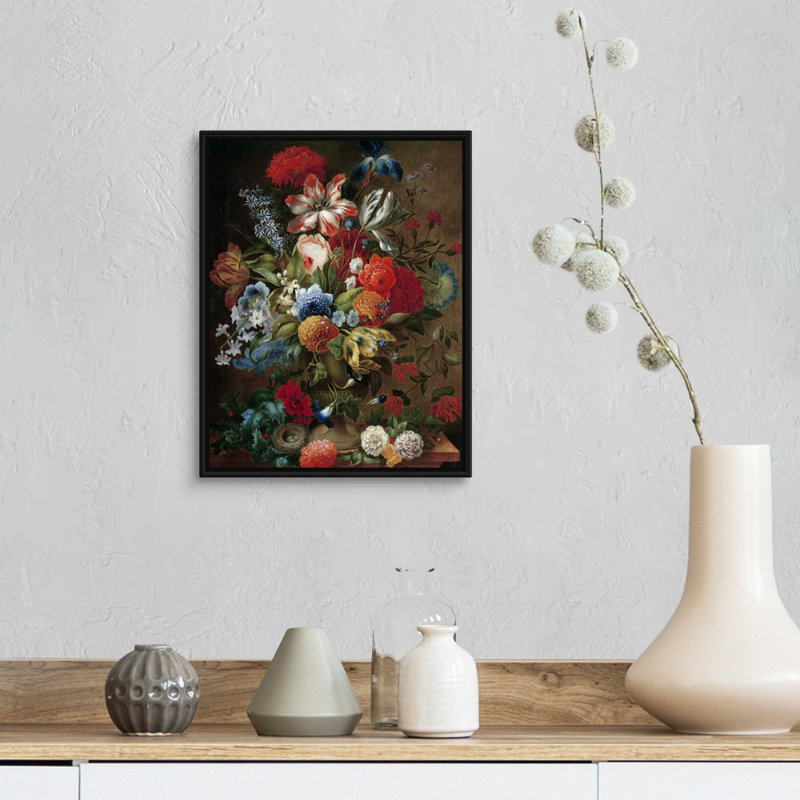 «Flower Still Life with Bird Nest» par Ottmar Elliger, reproduction sur toile, H 16 po x l 13 po x P 1,75 po, Cadre noir