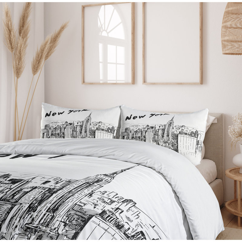 Urban Sketch Charcoal Gray and White Queen Duvet Cover Set
